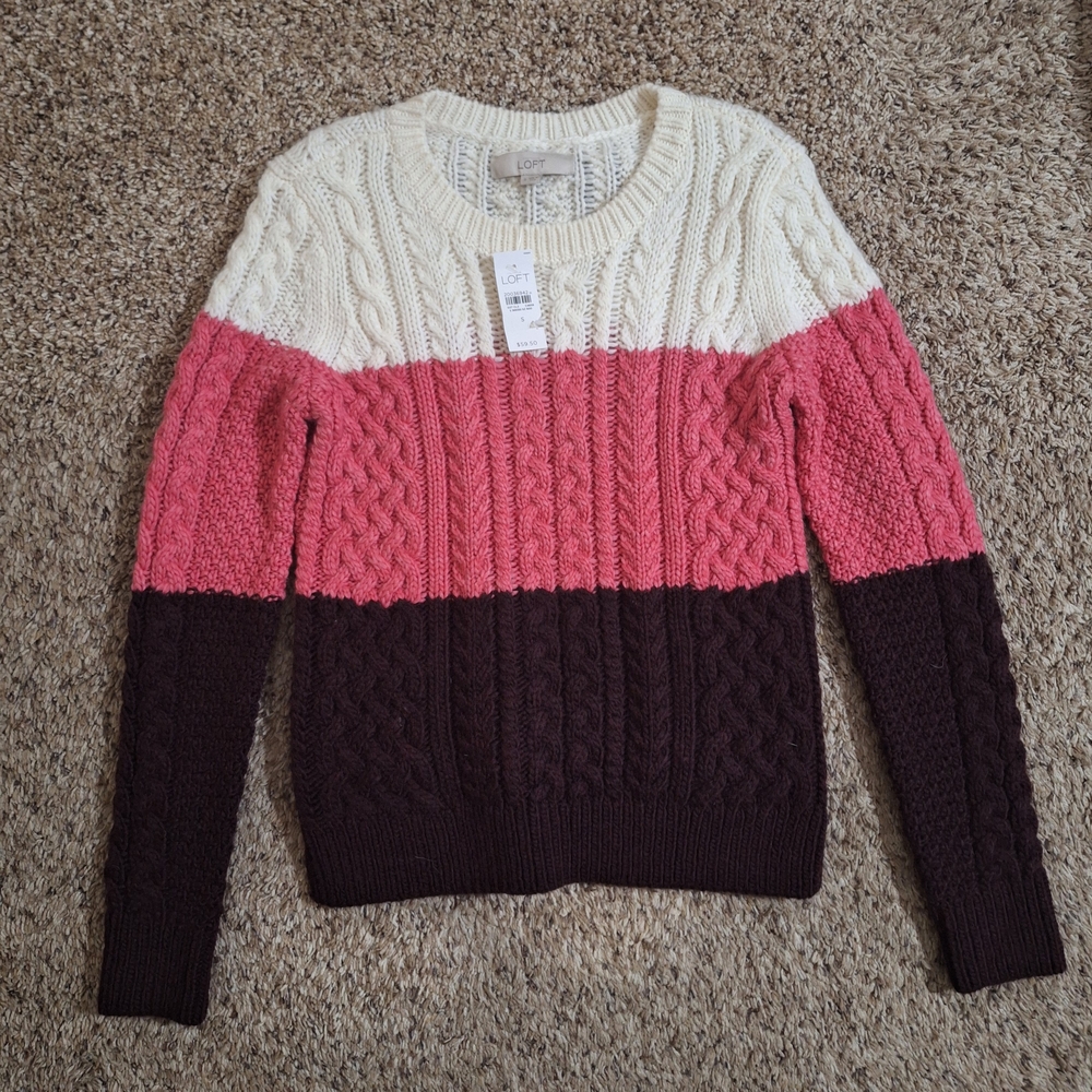 LOFT NWT Wool-Blend Chunky Cable Knit Colorblock Sweater Size S